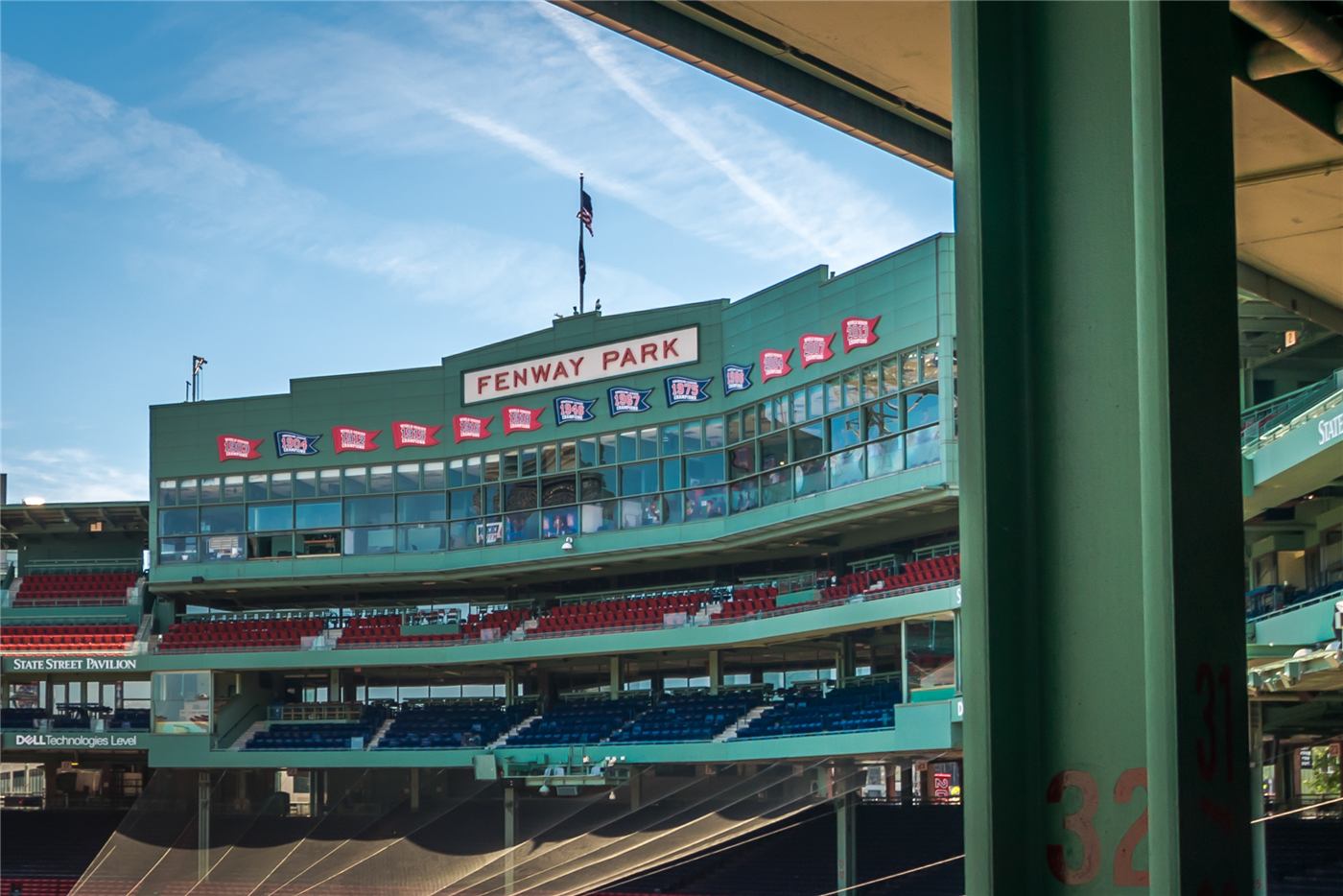 The press box and grandstand at Fenway Park