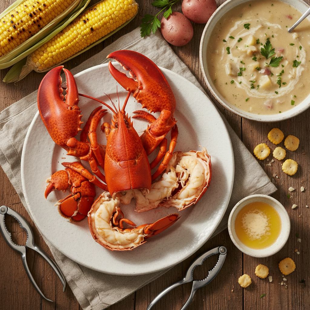A boiled New England lobster with drawn butter and clam chowder
